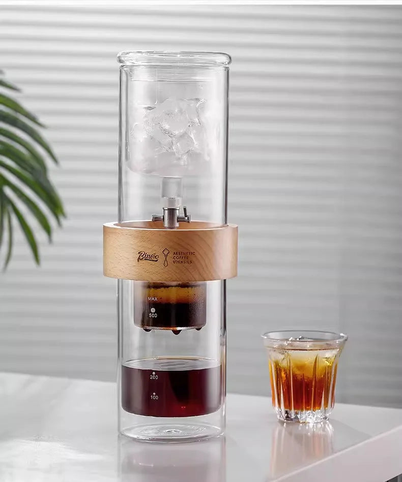 BINCOO 600ml Glass Cold Brew Coffee Maker | Slow Drip Iced Coffee Dripper | Beech & Borosilicate Glass