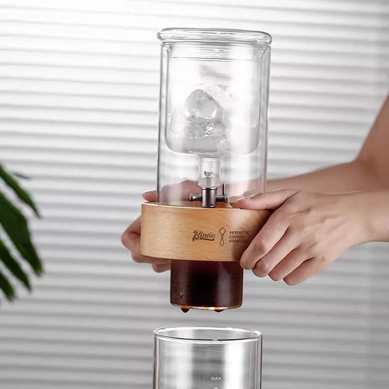 BINCOO 600ml Glass Cold Brew Coffee Maker | Slow Drip Iced Coffee Dripper | Beech & Borosilicate Glass