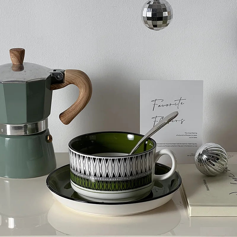 Retro Green Diamond Porcelain Cup & Saucer Set | 250ml | Vintage Style | Home & Office