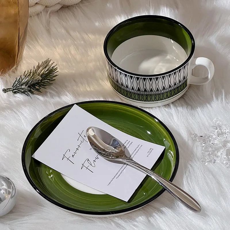 Retro Green Diamond Porcelain Cup & Saucer Set | 250ml | Vintage Style | Home & Office