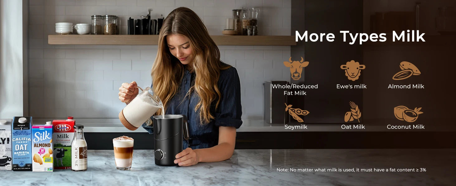 Milk Frother and Steamer 8-in-1 Electric Frother for Coffee, 400ml Large Capacity Detachable Milk Steamer Easy to Clean