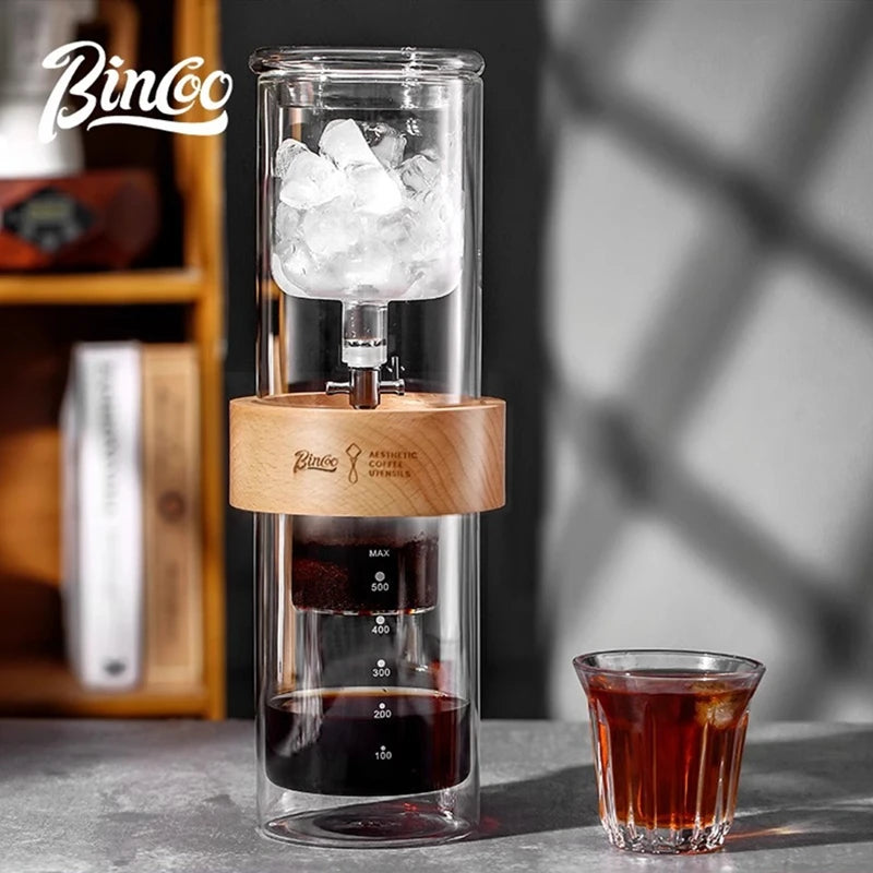 BINCOO 600ml Glass Cold Brew Coffee Maker | Slow Drip Iced Coffee Dripper | Beech & Borosilicate Glass