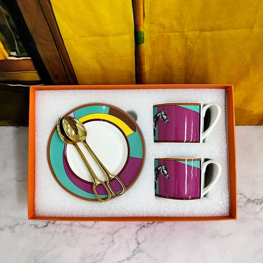 Colourful Horse Porcelain Cup & Saucer Set | Premium Ceramic Coffeeware & Teaware