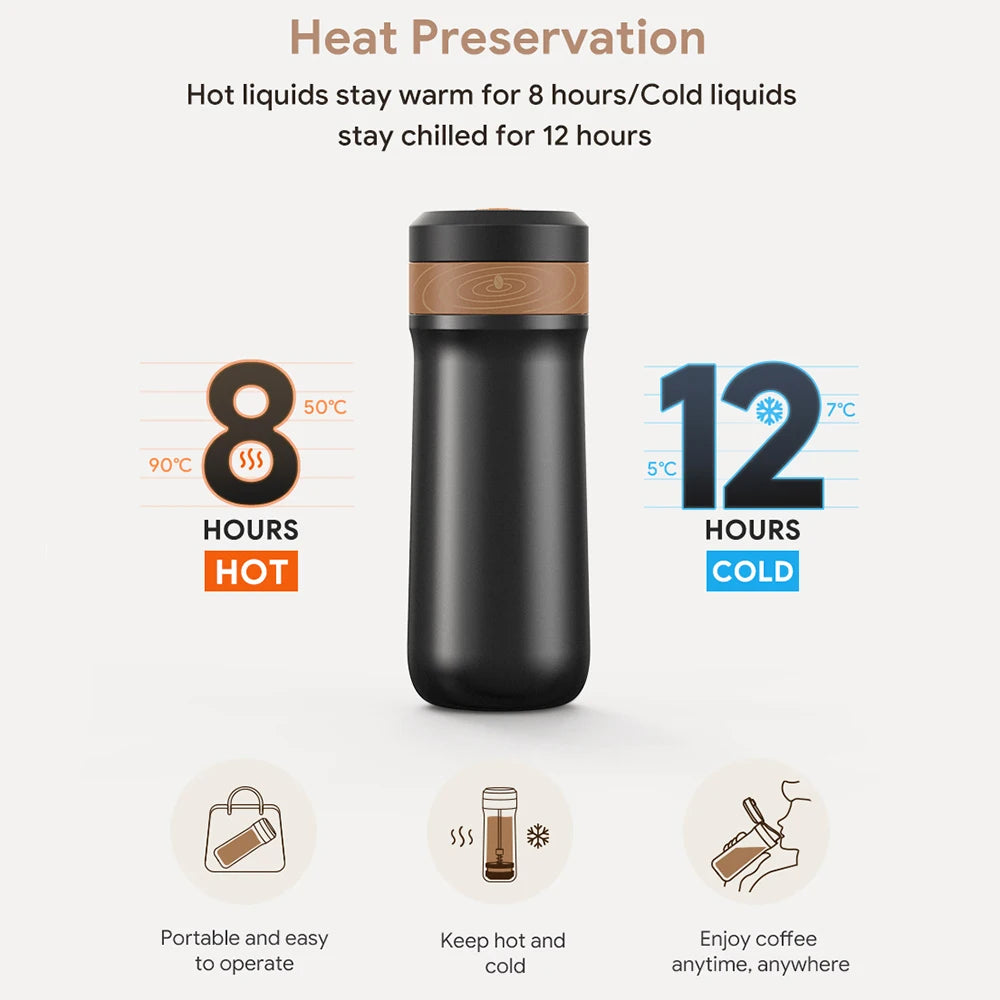 Portable Stainless Steel French Press Travel Mug — 320ml