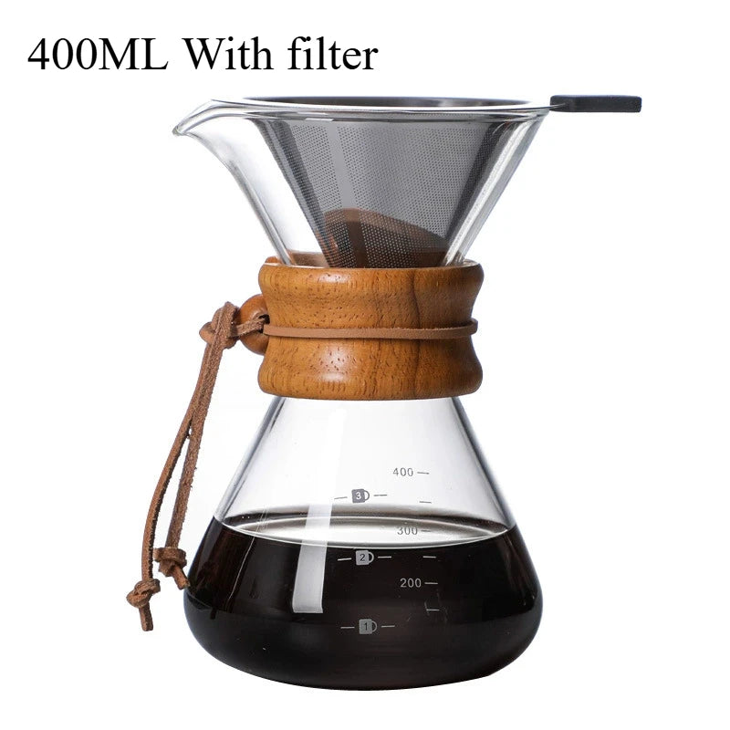 Pour Over Coffee Maker | Borosilicate Glass & Wood Sleeve | 400ml–1000ml
