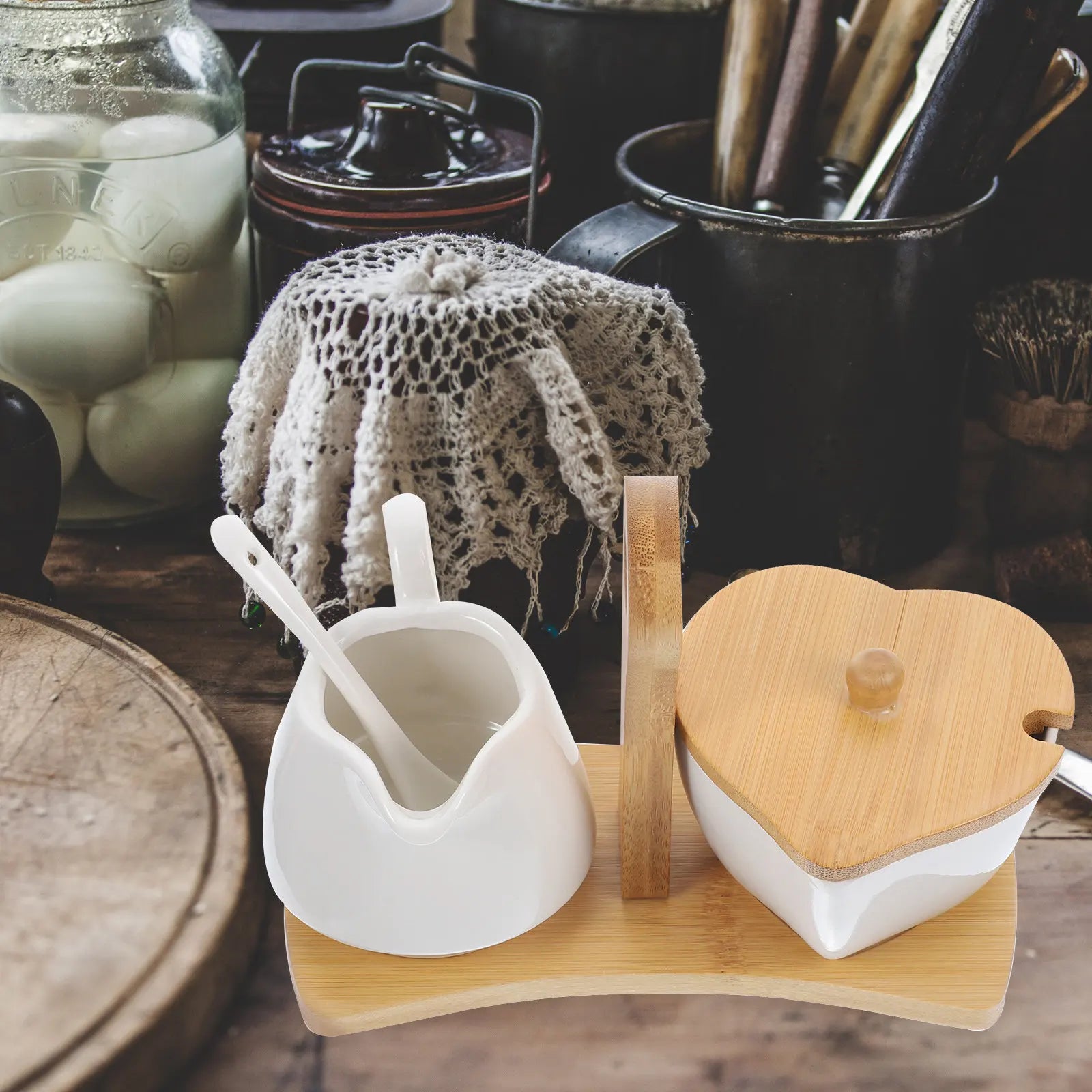 Ceramic Sugar Bowl & Creamer Set - White Porcelain Milk Serving Kit (Bamboo Tray)