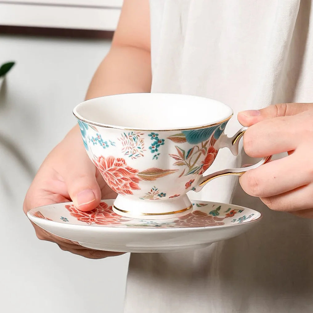 Chinese Floral Porcelain Coffee Cup and Saucer