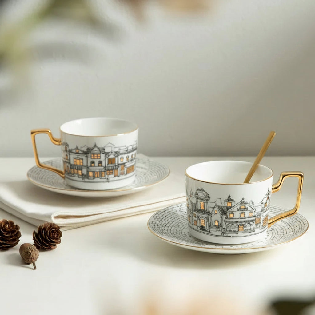 Eurotown Bone Porcelain Coffee Cup & Saucer | 220ml | Gold Handle | Vintage European