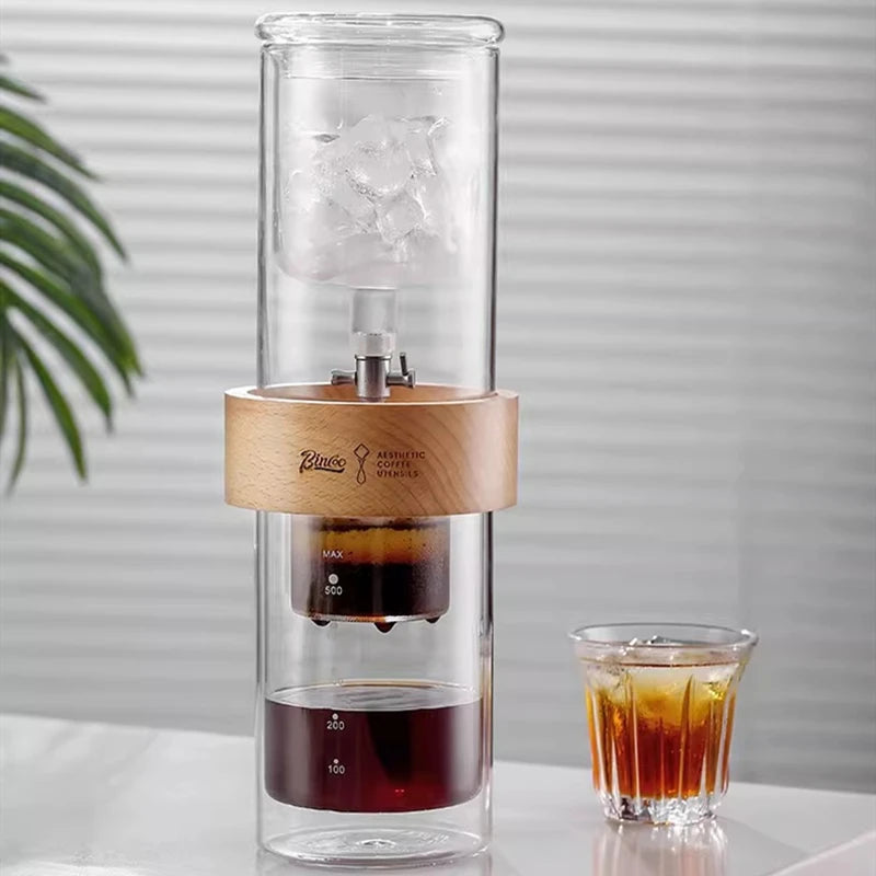 BINCOO 600ml Glass Cold Brew Coffee Maker | Slow Drip Iced Coffee Dripper | Beech & Borosilicate Glass