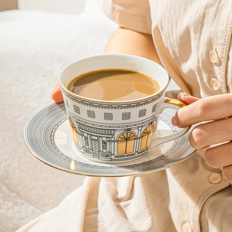 Gold Painted Ceramic Coffee Cup & Saucer | 220ml | European Luxury Style