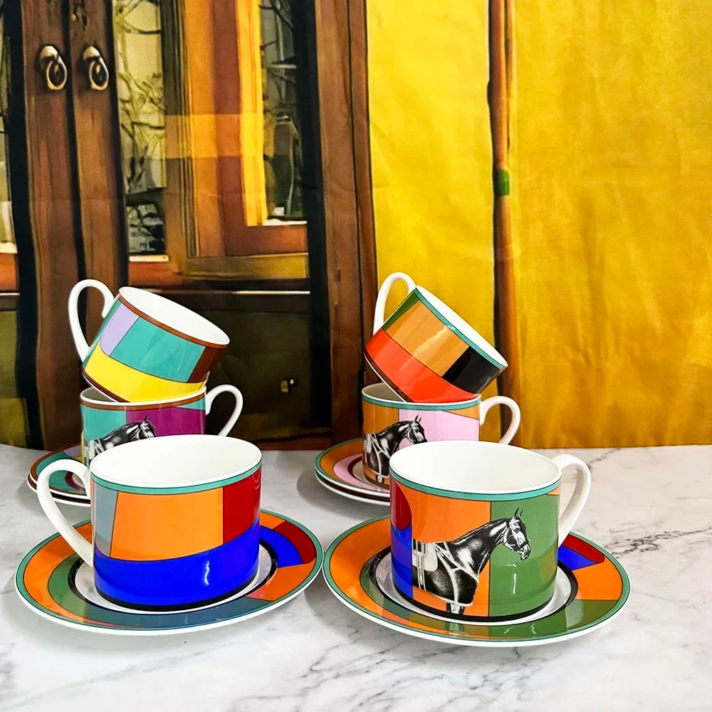 Colourful Horse Porcelain Cup & Saucer Set | Premium Ceramic Coffeeware & Teaware