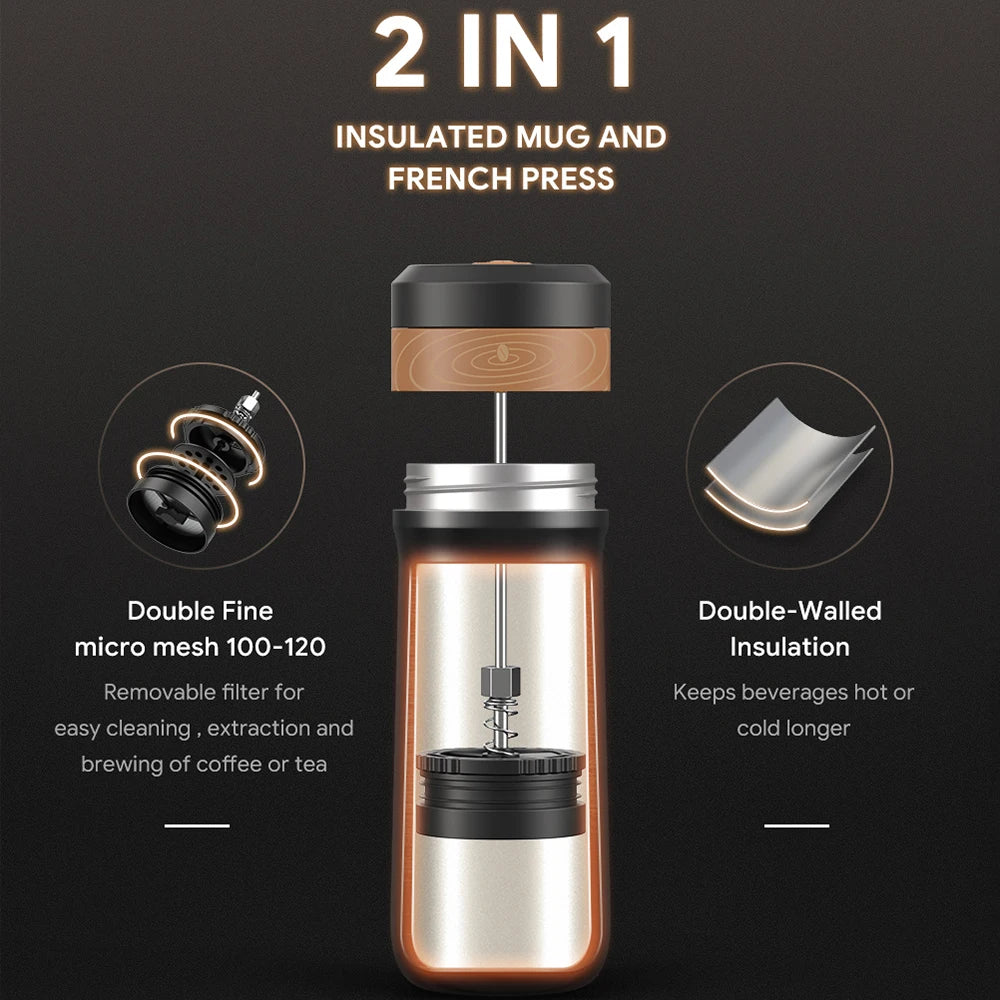 Portable Stainless Steel French Press Travel Mug — 320ml