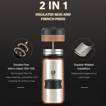 Portable Stainless Steel French Press Travel Mug — 320ml