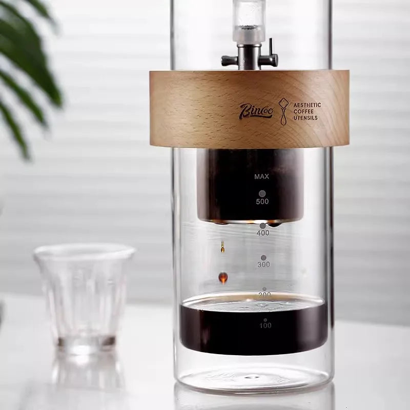 BINCOO 600ml Glass Cold Brew Coffee Maker | Slow Drip Iced Coffee Dripper | Beech & Borosilicate Glass