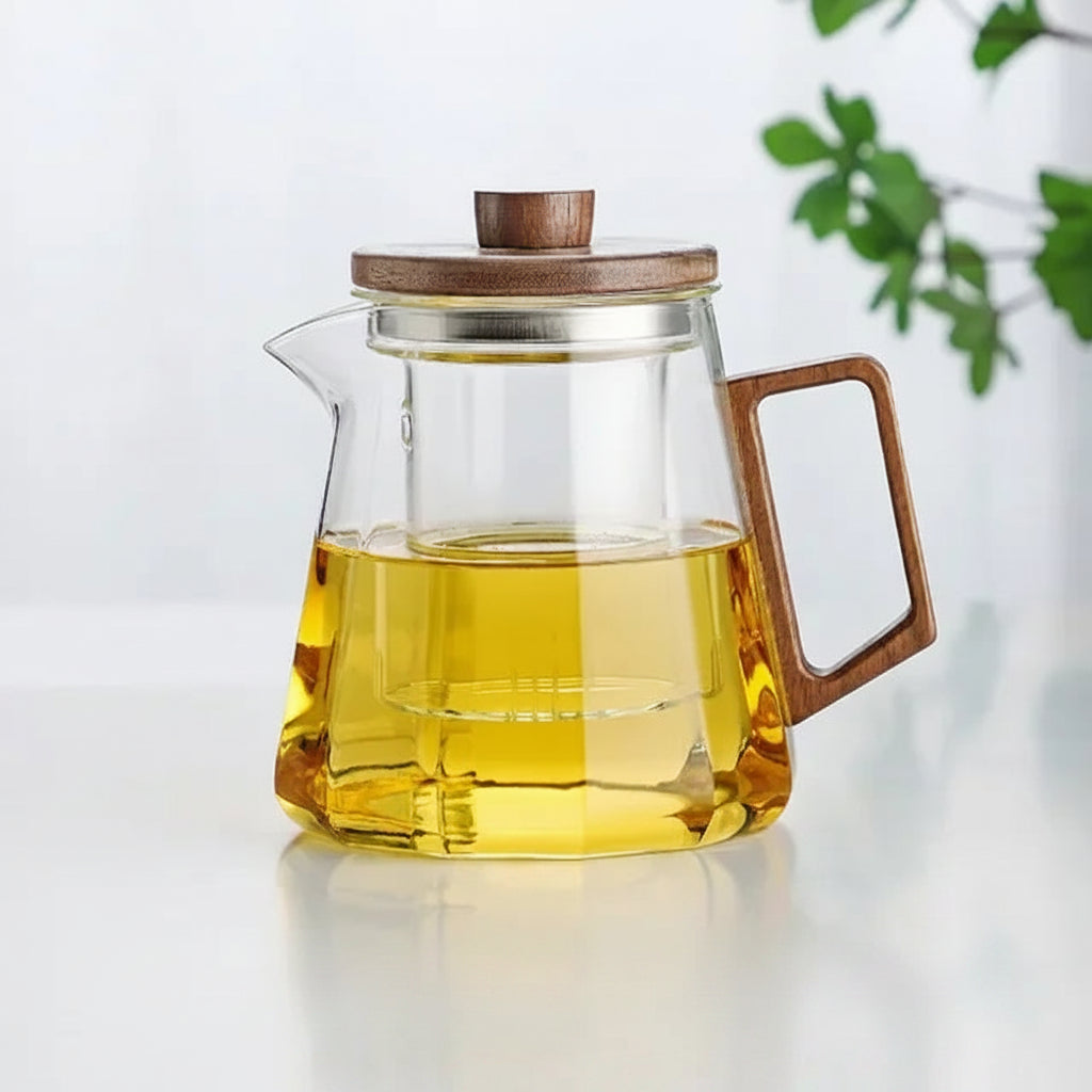 Heat-Resistant Glass Teapot with Wooden Handle