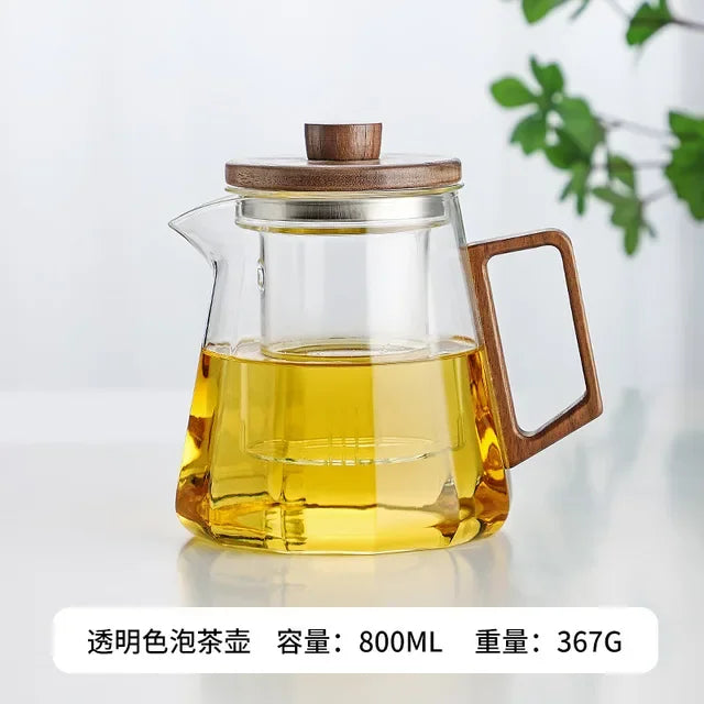 Heat-Resistant Glass Teapot with Wooden Handle