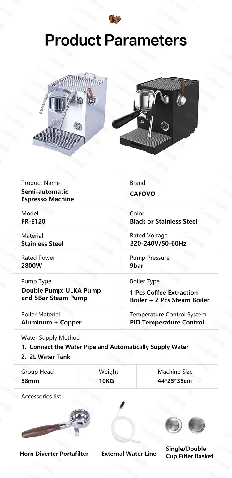 CAFOVO E120 Dual Boiler Espresso Machine | 9-Bar Semi-Automatic Coffee Maker with OLED Display & Italian ULKA Pump