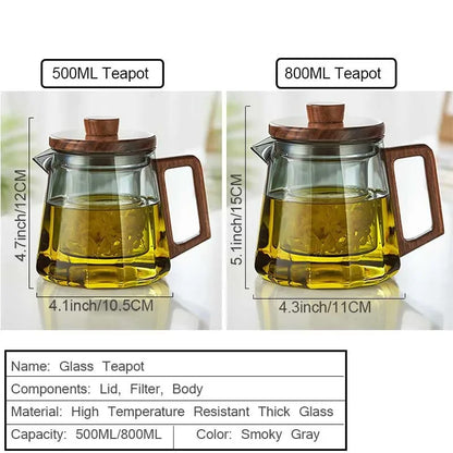 Heat-Resistant Glass Teapot with Wooden Handle