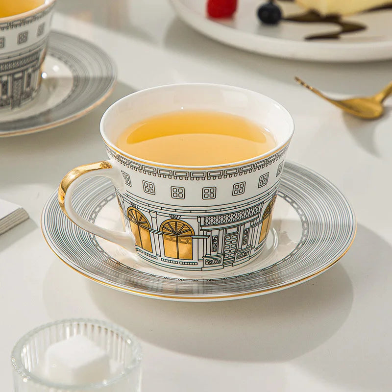 Gold Painted Ceramic Coffee Cup & Saucer | 220ml | European Luxury Style