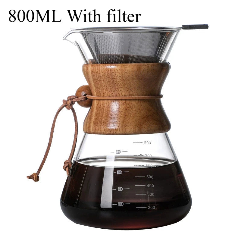 Pour Over Coffee Maker | Borosilicate Glass & Wood Sleeve | 400ml–1000ml