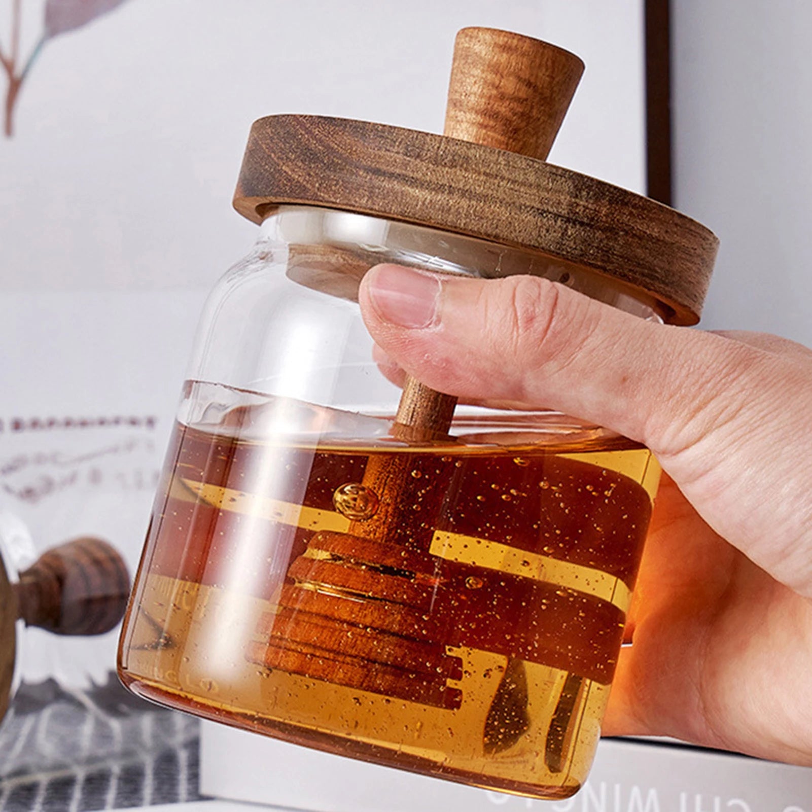 Glass Honey Jar & Dipper - Wide Mouth Honey Pot & Syrup Dispenser Set