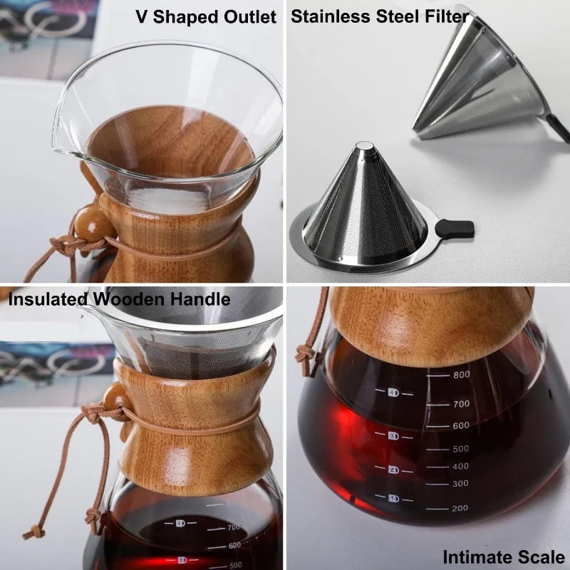 Pour Over Coffee Maker | Borosilicate Glass & Wood Sleeve | 400ml–1000ml