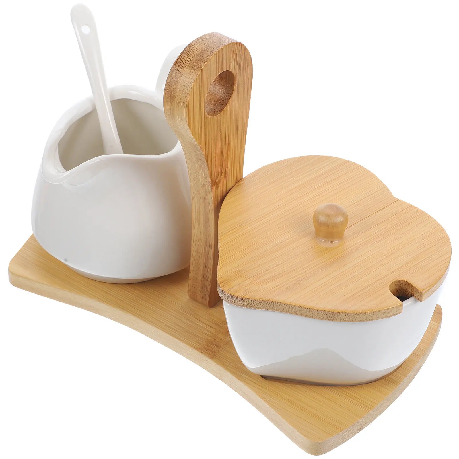 Ceramic Sugar Bowl & Creamer Set - White Porcelain Milk Serving Kit (Bamboo Tray)