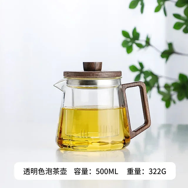Heat-Resistant Glass Teapot with Wooden Handle