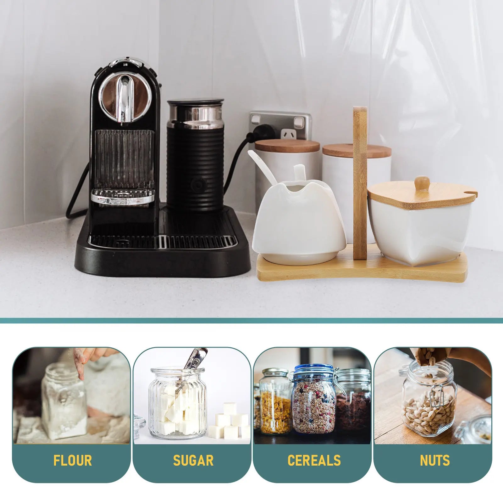 Ceramic Sugar Bowl & Creamer Set - White Porcelain Milk Serving Kit (Bamboo Tray)