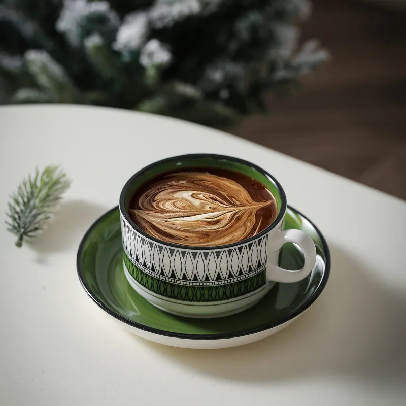 Retro Green Diamond Porcelain Cup & Saucer Set | 250ml | Vintage Style | Home & Office