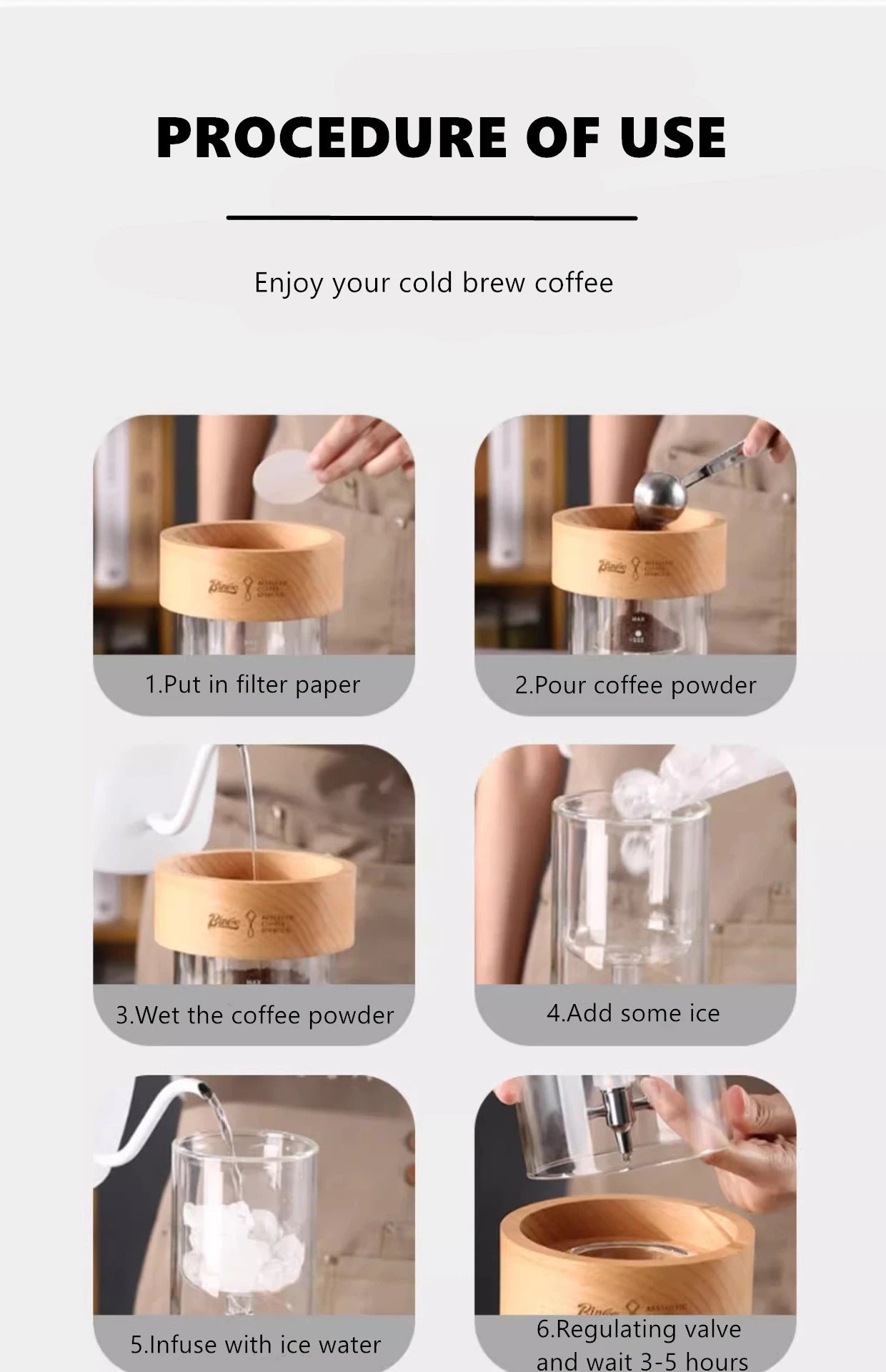 BINCOO 600ml Glass Cold Brew Coffee Maker | Slow Drip Iced Coffee Dripper | Beech & Borosilicate Glass