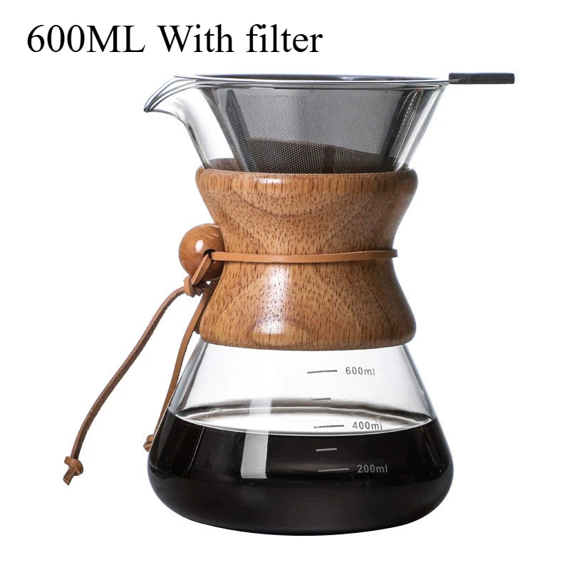 Pour Over Coffee Maker | Borosilicate Glass & Wood Sleeve | 400ml–1000ml