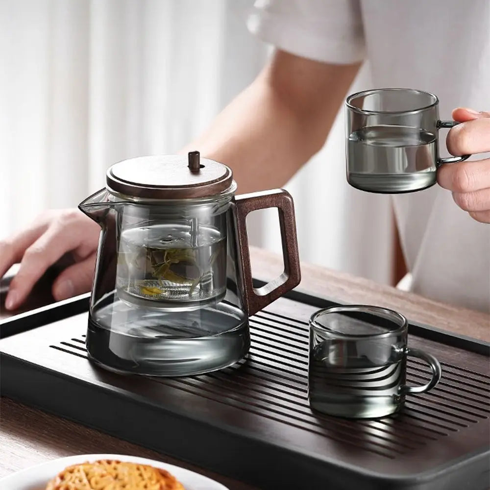 Glass Teapot with Wooden Handle & Built-In Infuser | One-Button Tea Separation