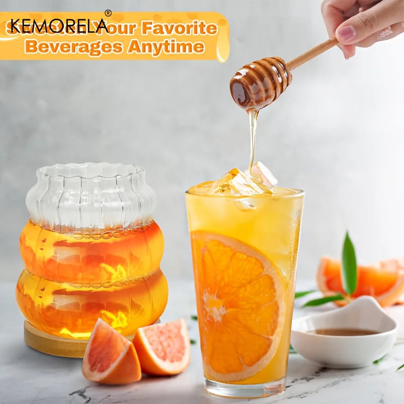 Glass Honey Jar Set - Wooden Spoon, Serving Tray & Sealing Lid