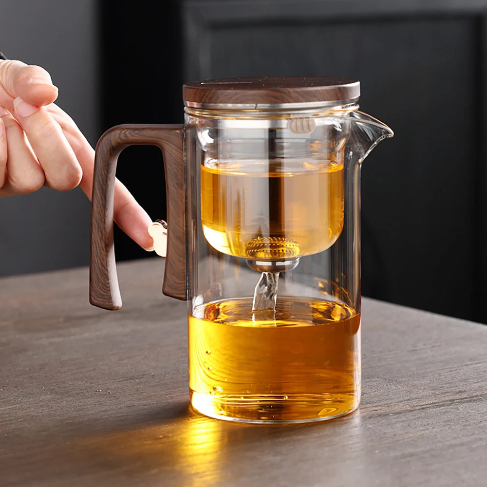 Magnetic Switch Glass Teapot with Tea Separator & Wood Handle