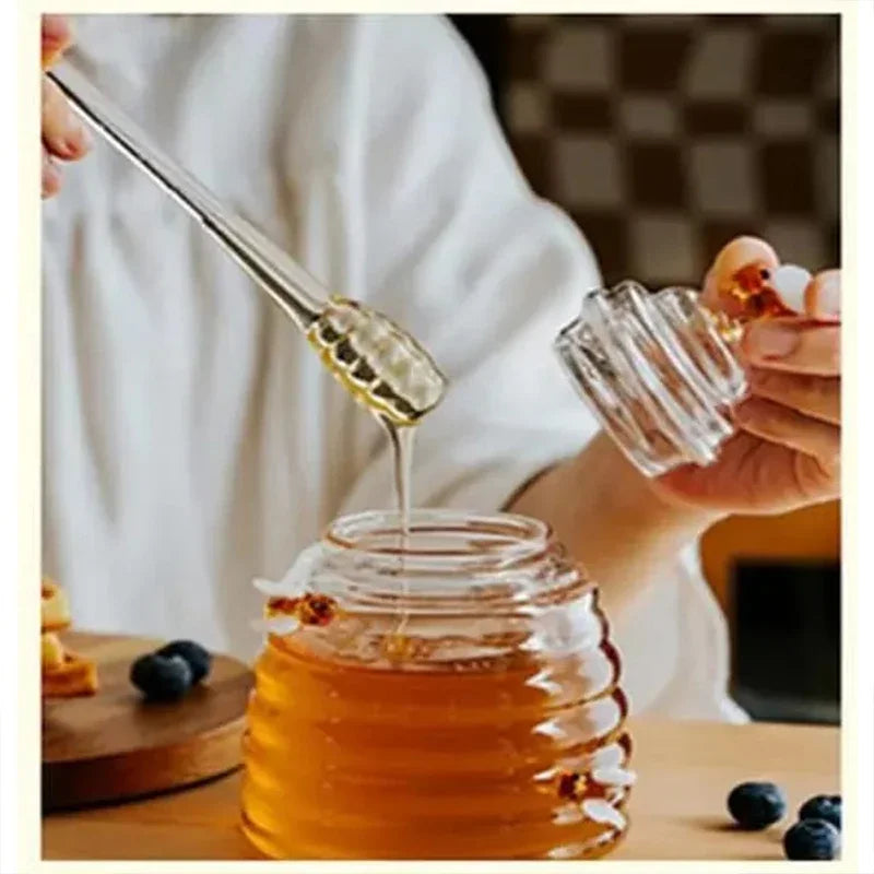 Honey-Shaped Glass Honey Jar - Traditional Dipper & Bee Motif Lid