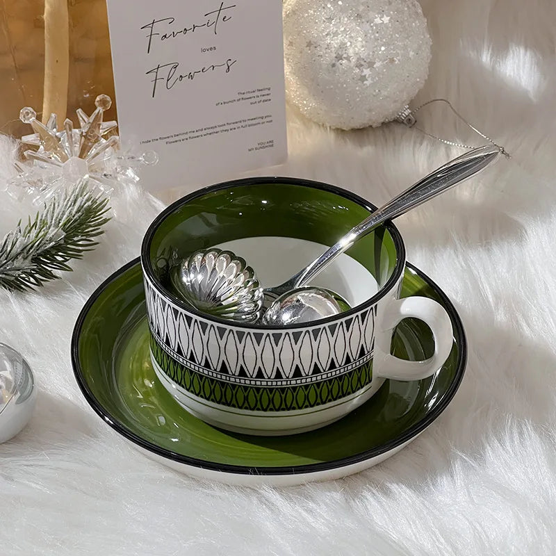 Retro Green Diamond Porcelain Cup & Saucer Set | 250ml | Vintage Style | Home & Office