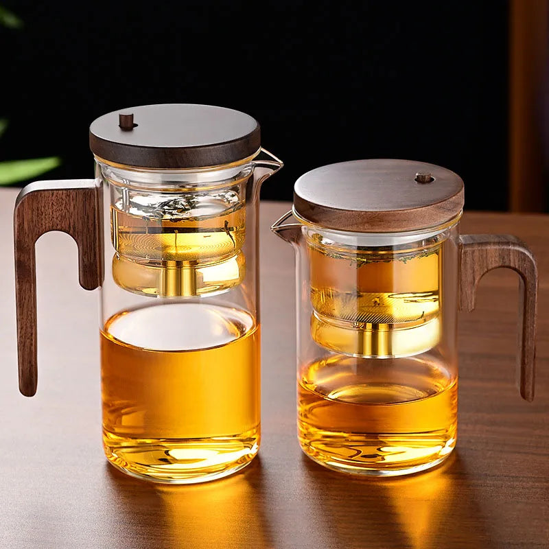 Magnetic Switch Glass Teapot with Tea Separator & Wood Handle