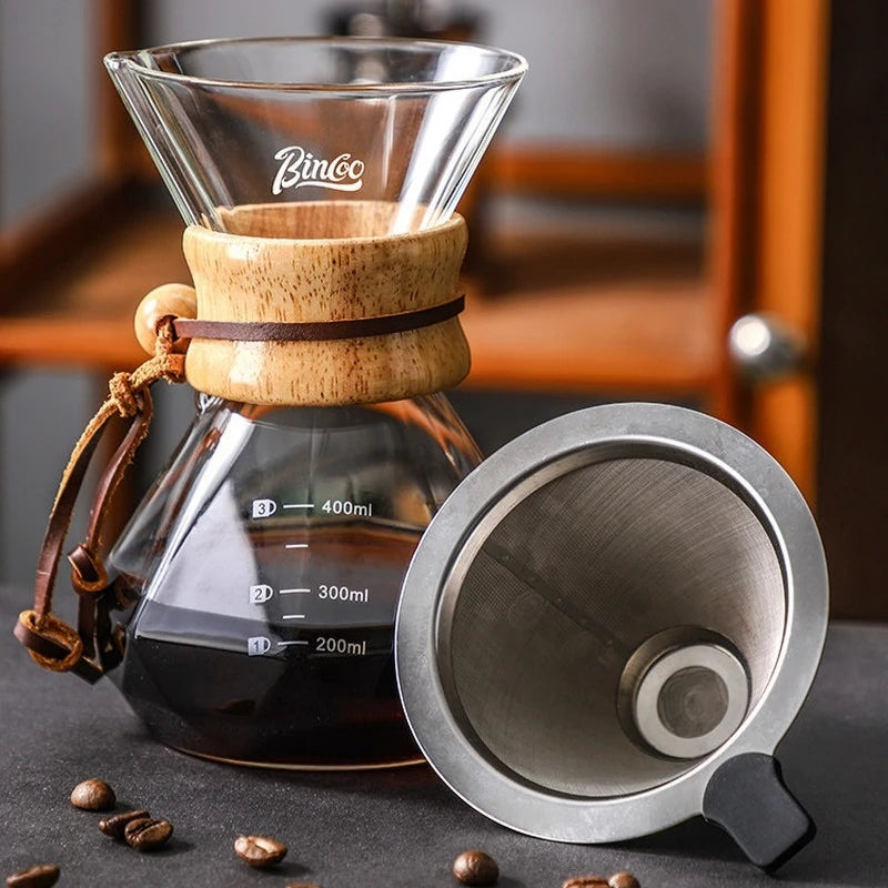Bincoo Glass Pour Over Sharing Carafe | Stainless Steel Filter Funnel | 400ml–800ml