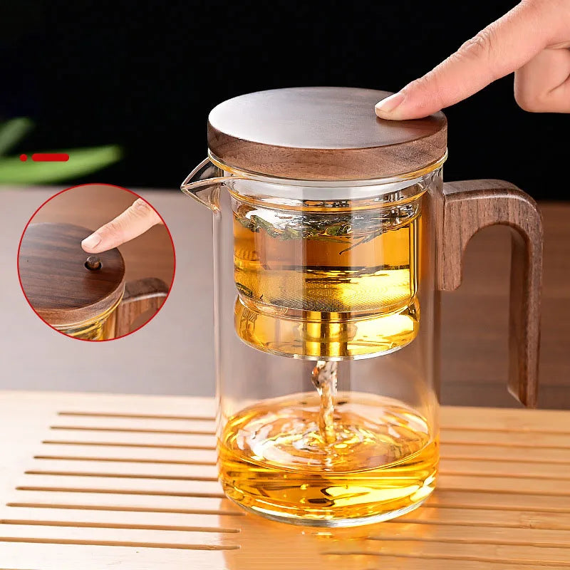 Magnetic Switch Glass Teapot with Tea Separator & Wood Handle