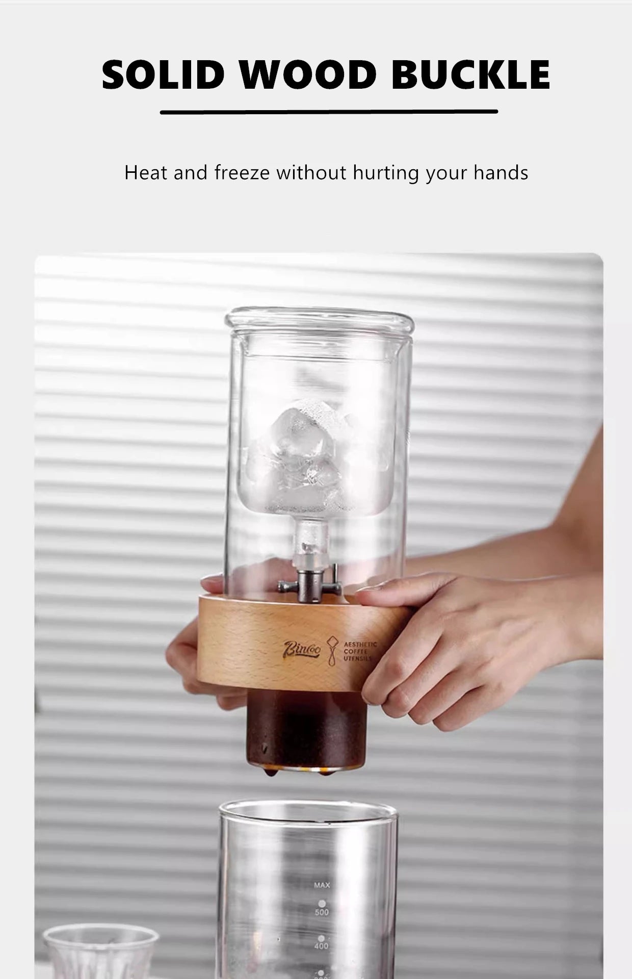 BINCOO 600ml Glass Cold Brew Coffee Maker | Slow Drip Iced Coffee Dripper | Beech & Borosilicate Glass