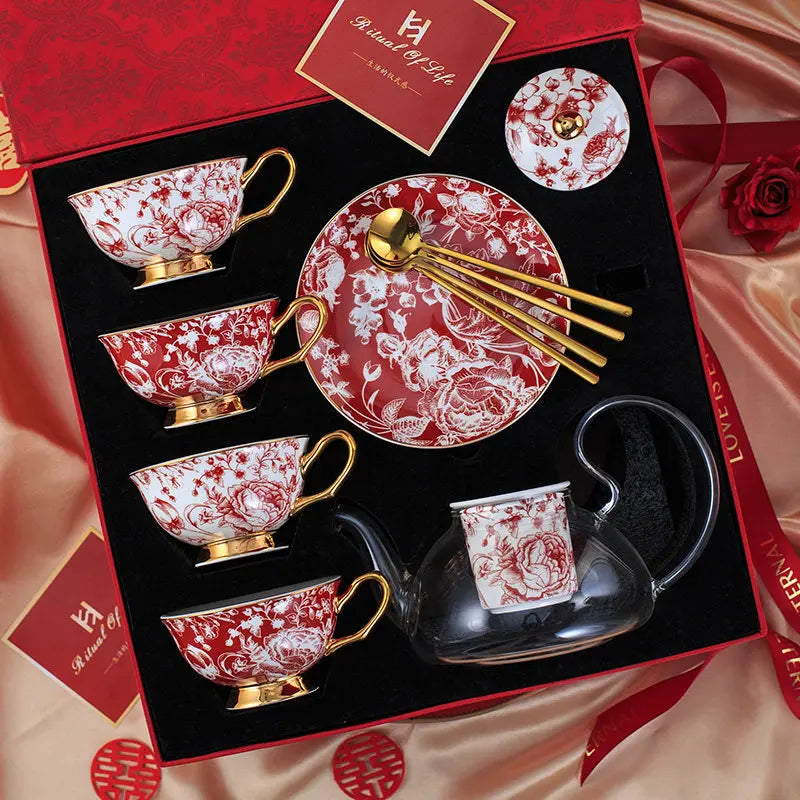 Bone China Rose Floral Tea Cup & Saucer Gift Set | European Gold Trim | Luxury Afternoon Tea