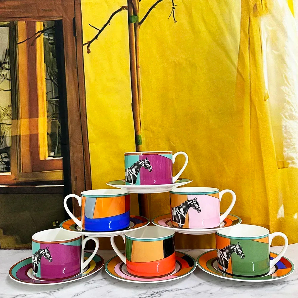 Colourful Horse Porcelain Cup & Saucer Set | Premium Ceramic Coffeeware & Teaware