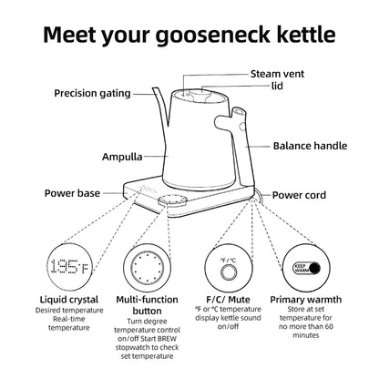 0.9L Gooseneck Electric Kettle | 1200W | Temperature Control | Anti-Dry Protection