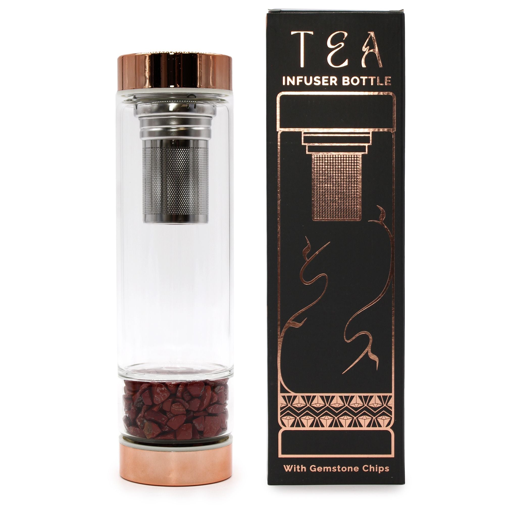 Crystal Glass Tea Infuser Bottle – Rose Gold & Red Jasper