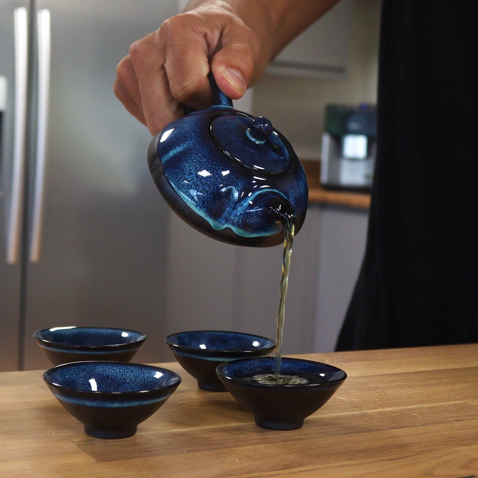 The Sapphire Ritual: Ocean Blue Ceramic Teapot with Four Tasting Cups - Ember & Olive Coffee Co.®