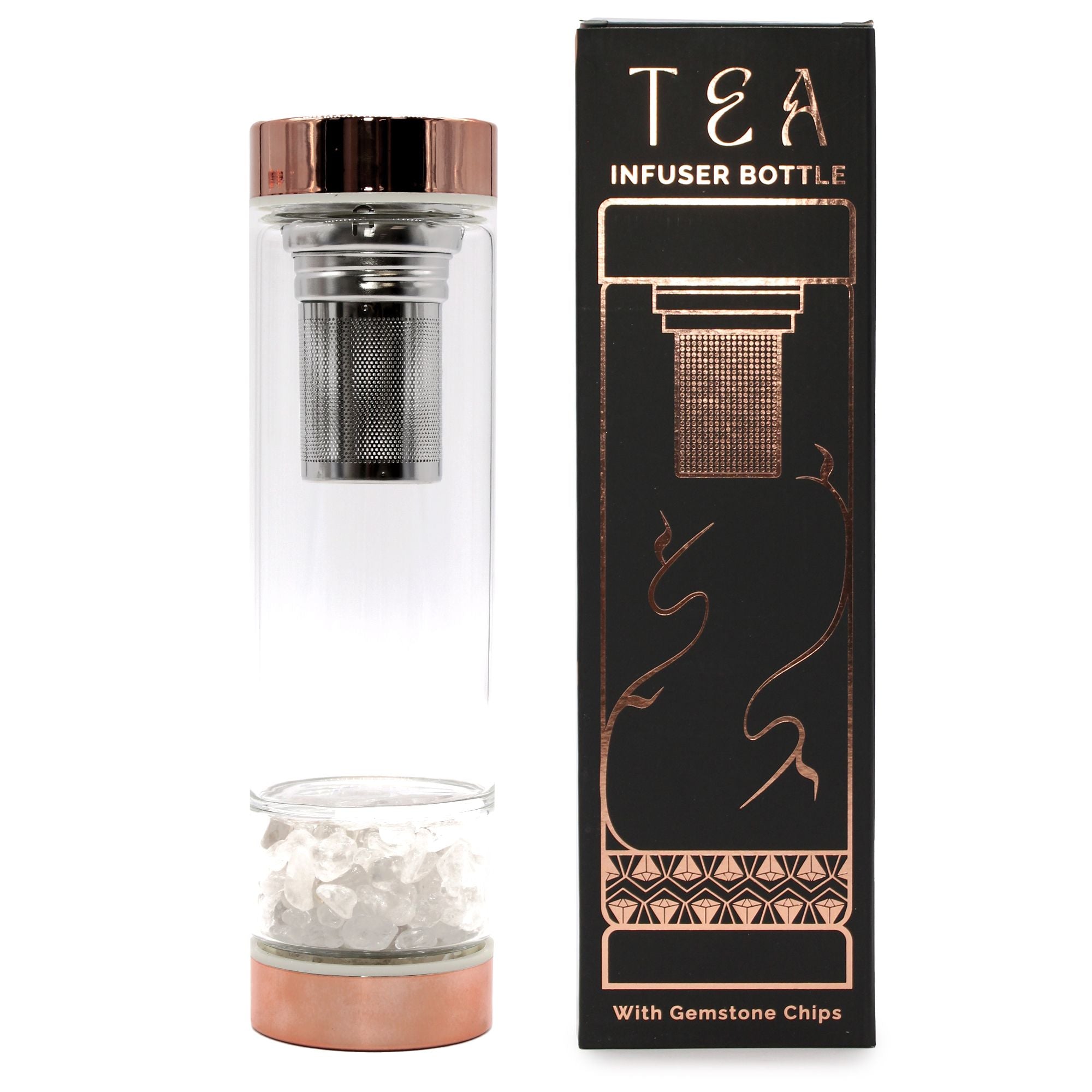 Rock Quartz Glass Tea Infuser Bottle | Rose Gold | 500ml