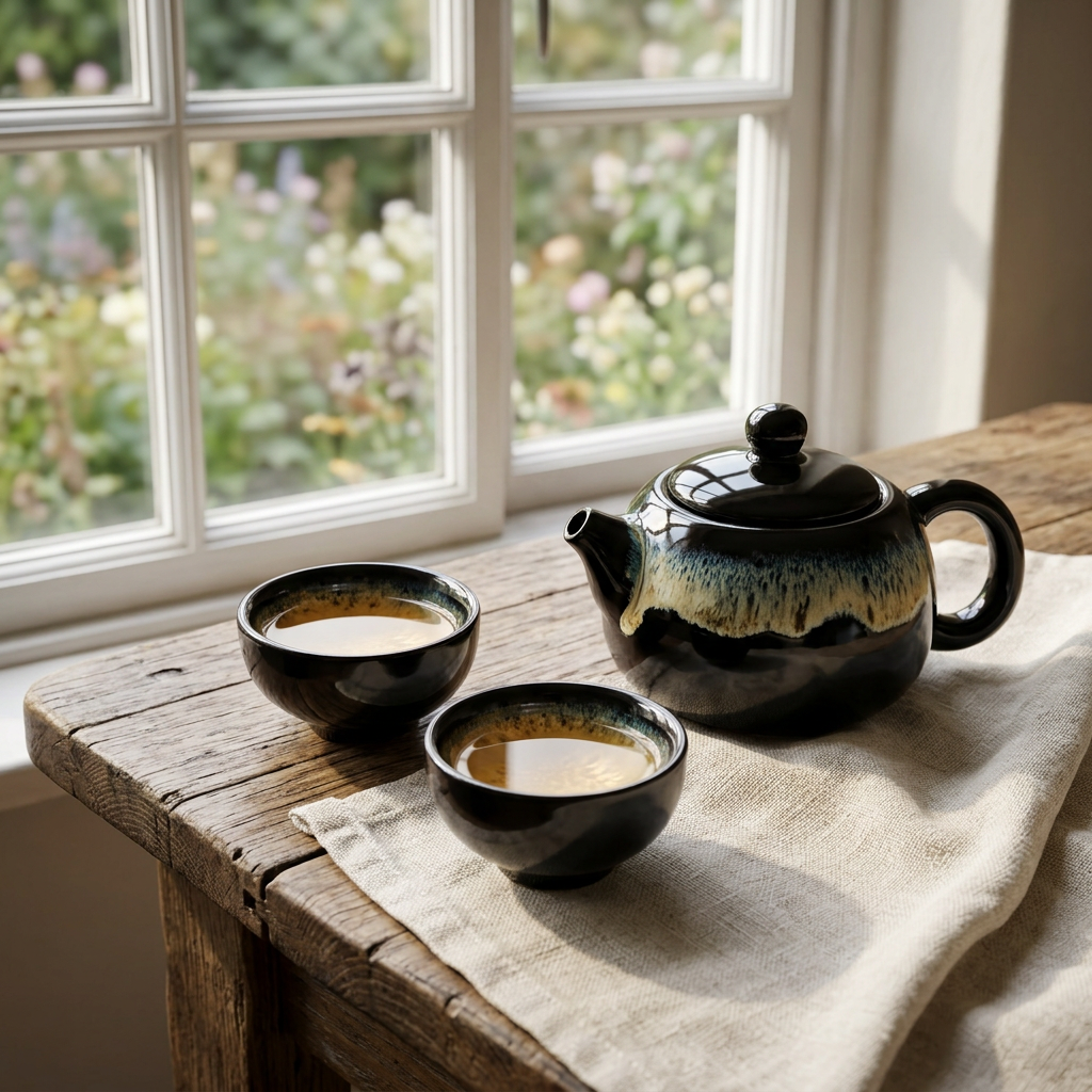 The Onyx Ritual Set | Dark Clay Ceramic Teapot and Two Cups - Ember & Olive Coffee Co.®