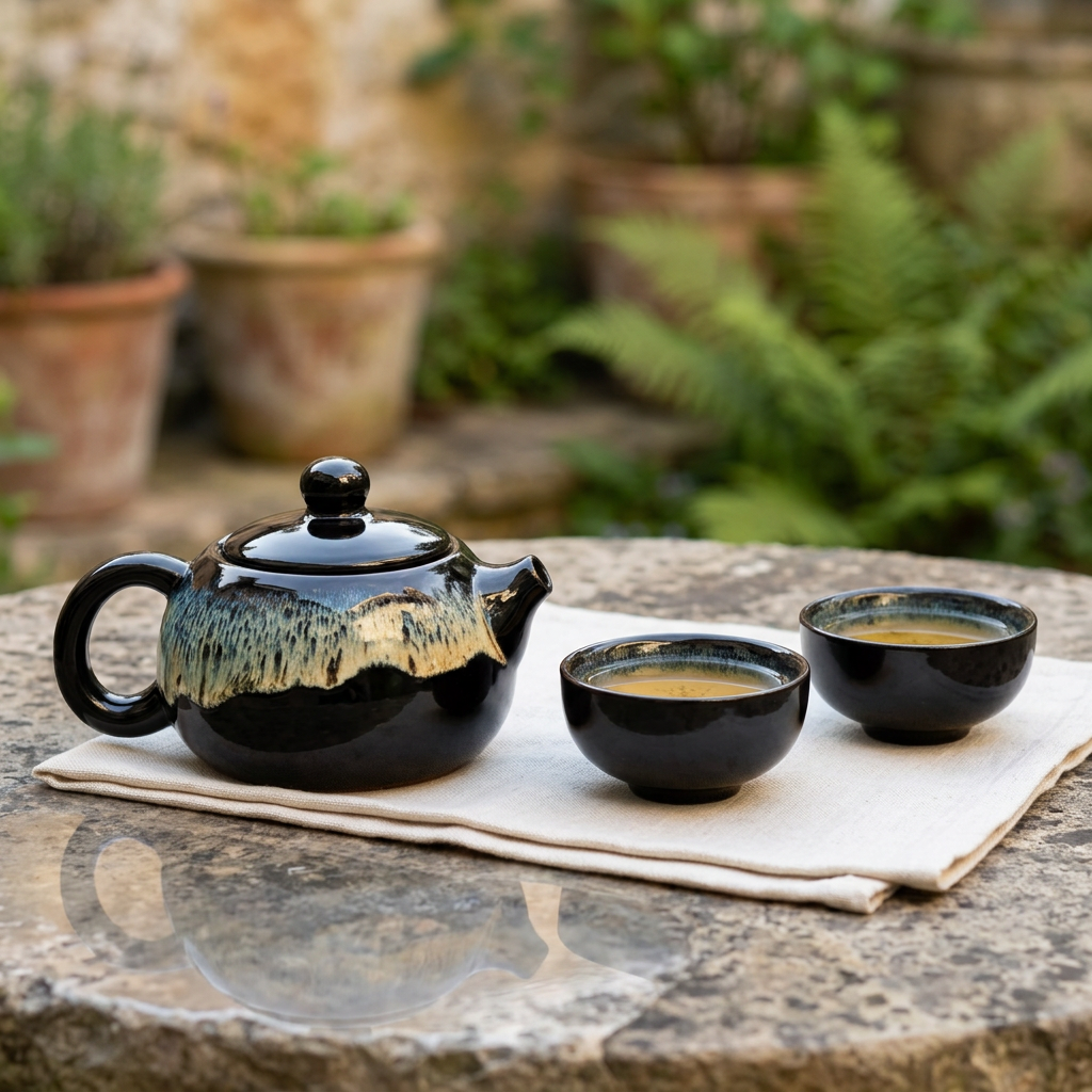 The Onyx Ritual Set | Dark Clay Ceramic Teapot and Two Cups - Ember & Olive Coffee Co.®