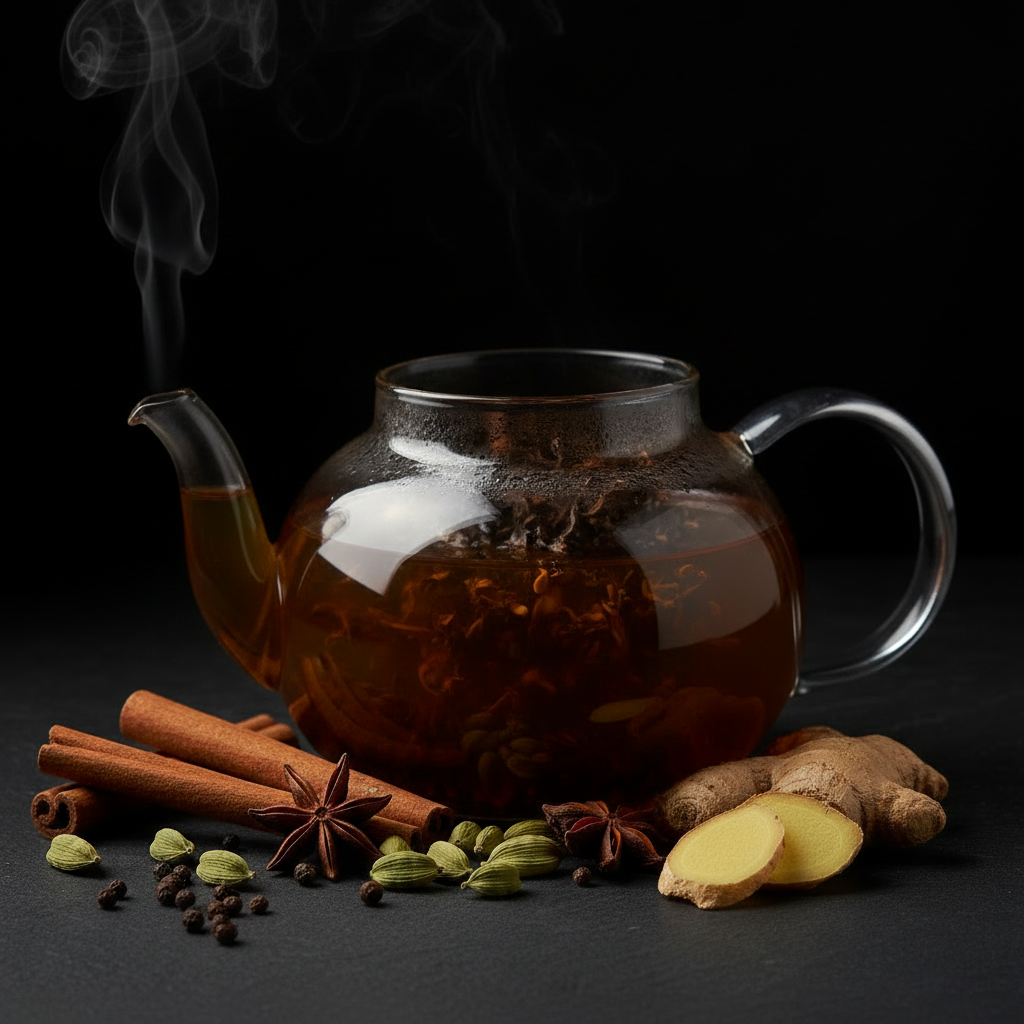 Chai tea leaves in glass teapot with spices